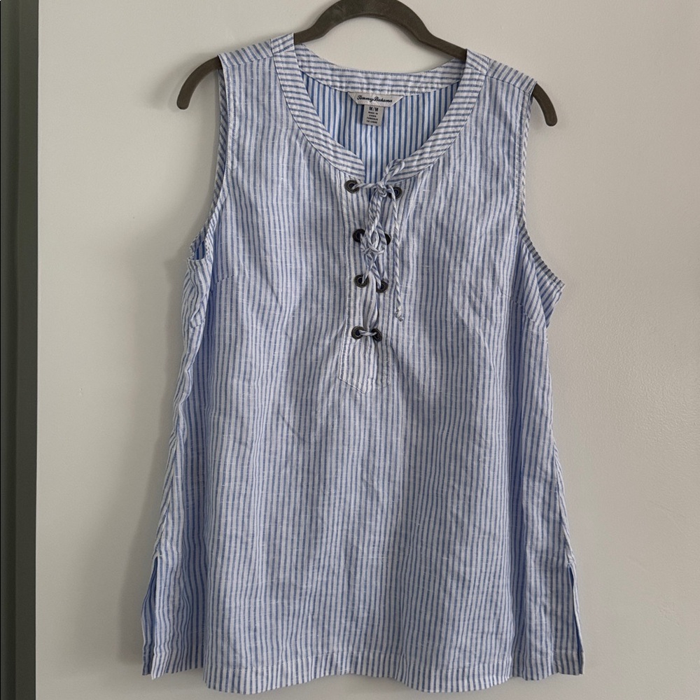 Tommy Bahama linen Blue and White Striped Sleeveless Top size medium